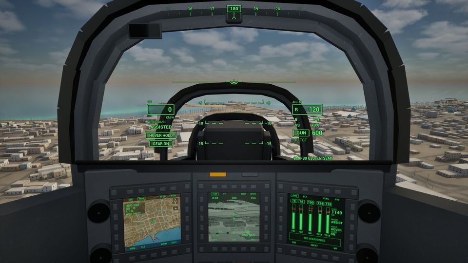 Cockpit of the heavy attack helicopter: an arched canopy frame, head-up display and three screens over a coastal town