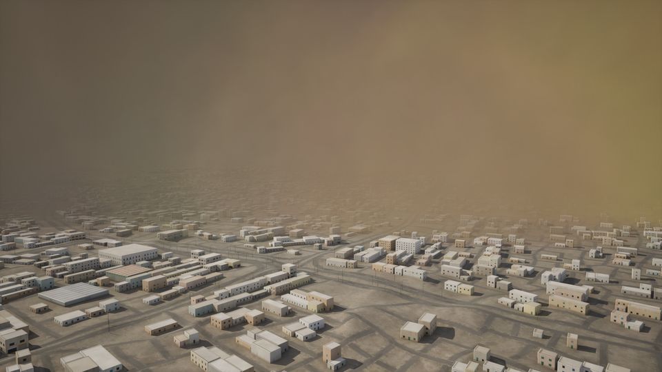 A brown dust-storm front swallowing the horizon over a town