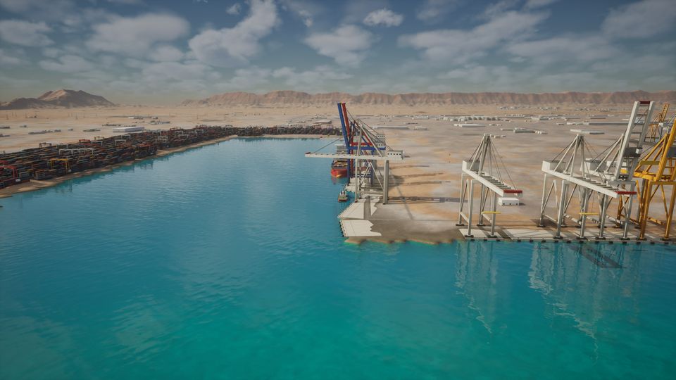 Port cranes and a container quay beside a turquoise harbour basin, desert hills behind