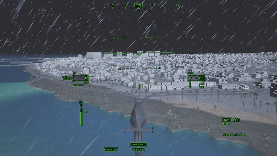 A thunderstorm at night: lightning lights up a town on the shore