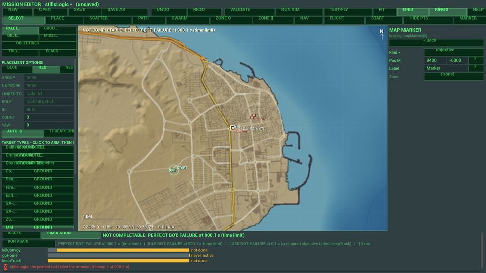 The mission editor: a chart of the Gulf with placed units, zones and routes, and the trigger panels