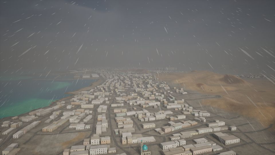 A rain squall sweeping across a town, rain streaks and grey haze