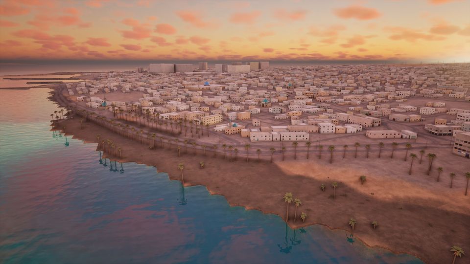 The Bandar Abbas waterfront at sunset, the town stretching along the shore