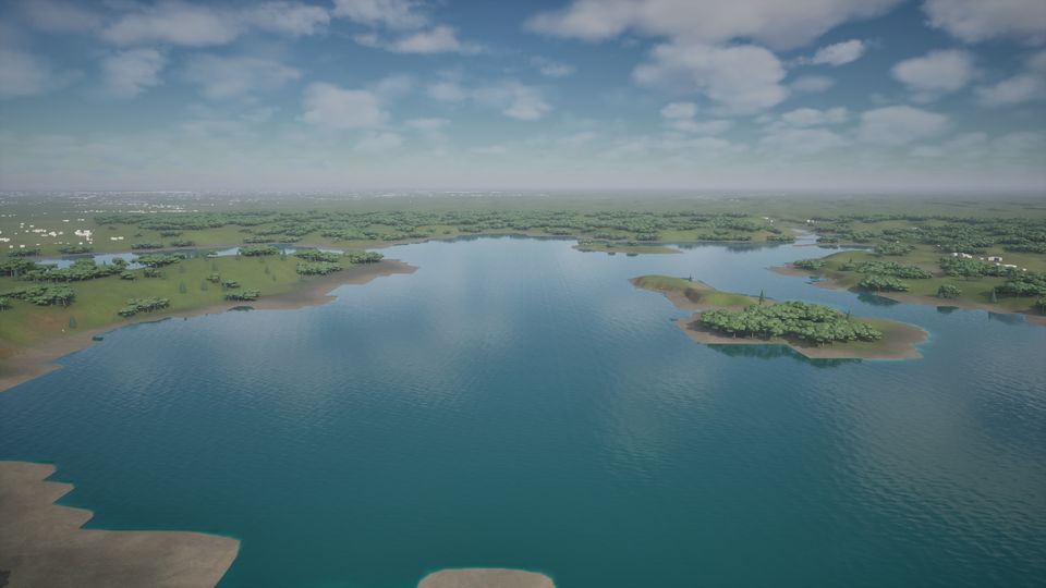 A blue lake with wooded islands among green farmland in the Wigry lake district