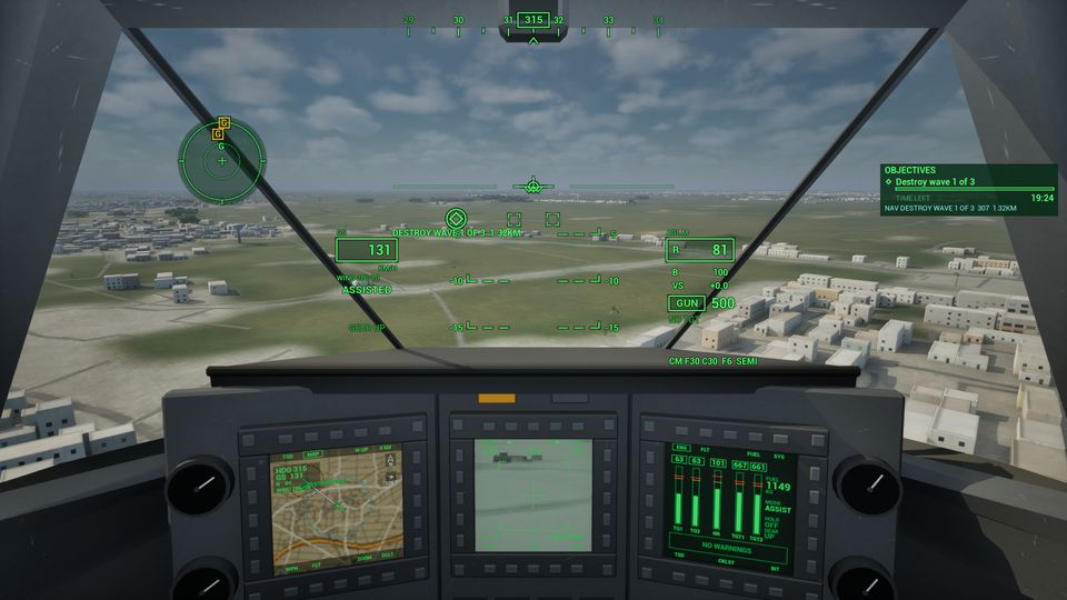 Cockpit view over Taiwan's coastal plain, a town and fields ahead under the head-up display